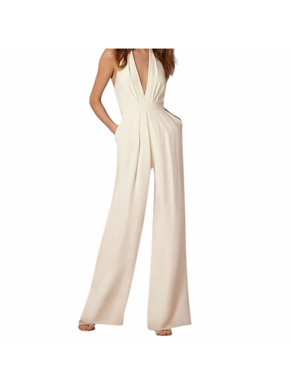 AMSALE Zola Halter Wide Legs Crepe Jumpsuit Off White NWT Women's Size 4